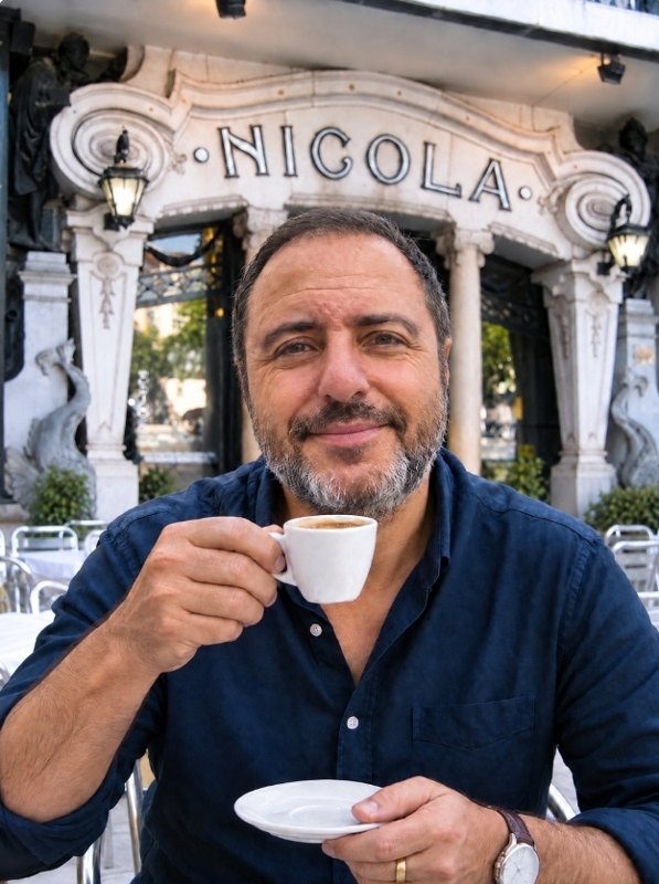 Sergio Guincho with an espresso outside Café Nicola